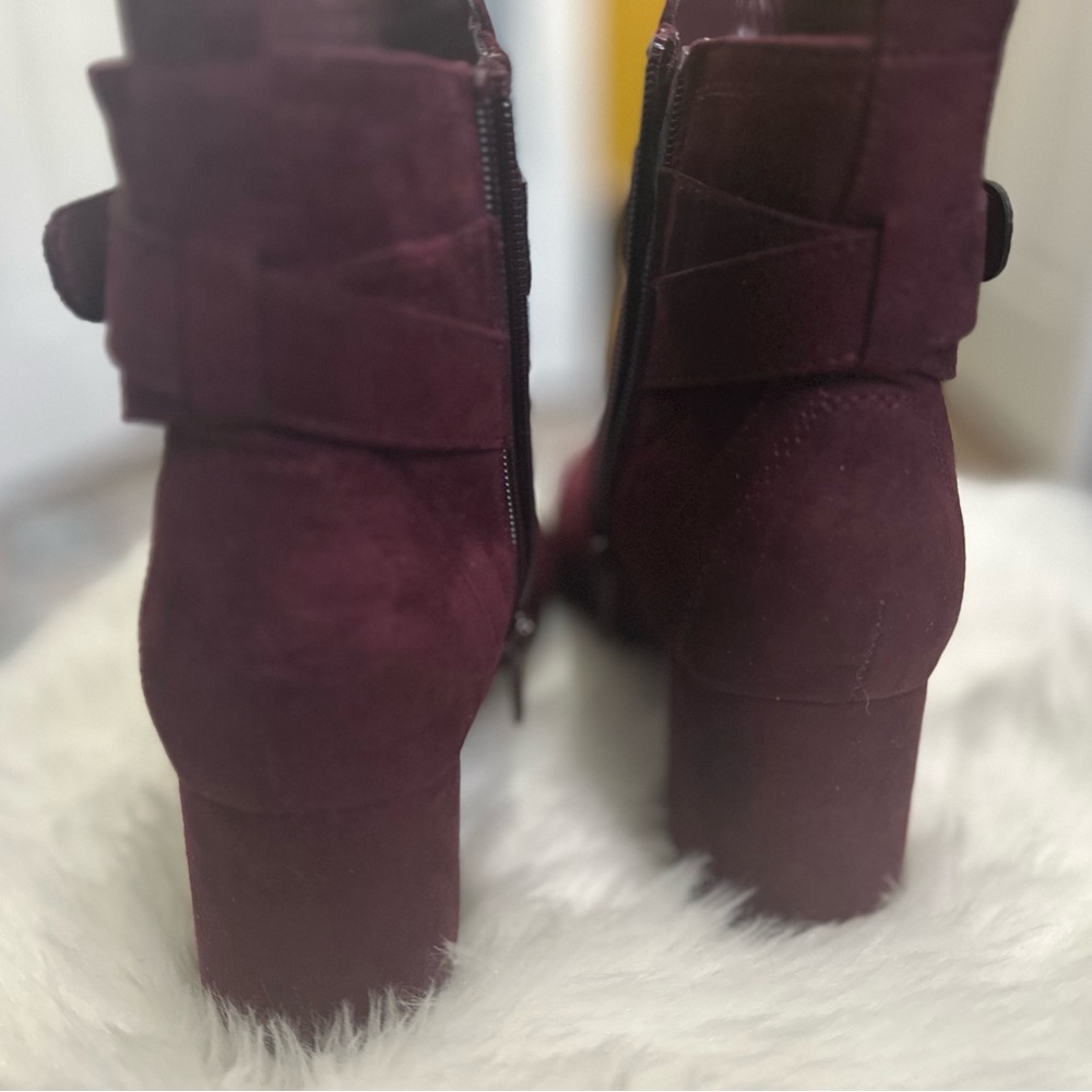 Burgundy/  Wine Color Heeled Boots with Suede Texture and Block Heel